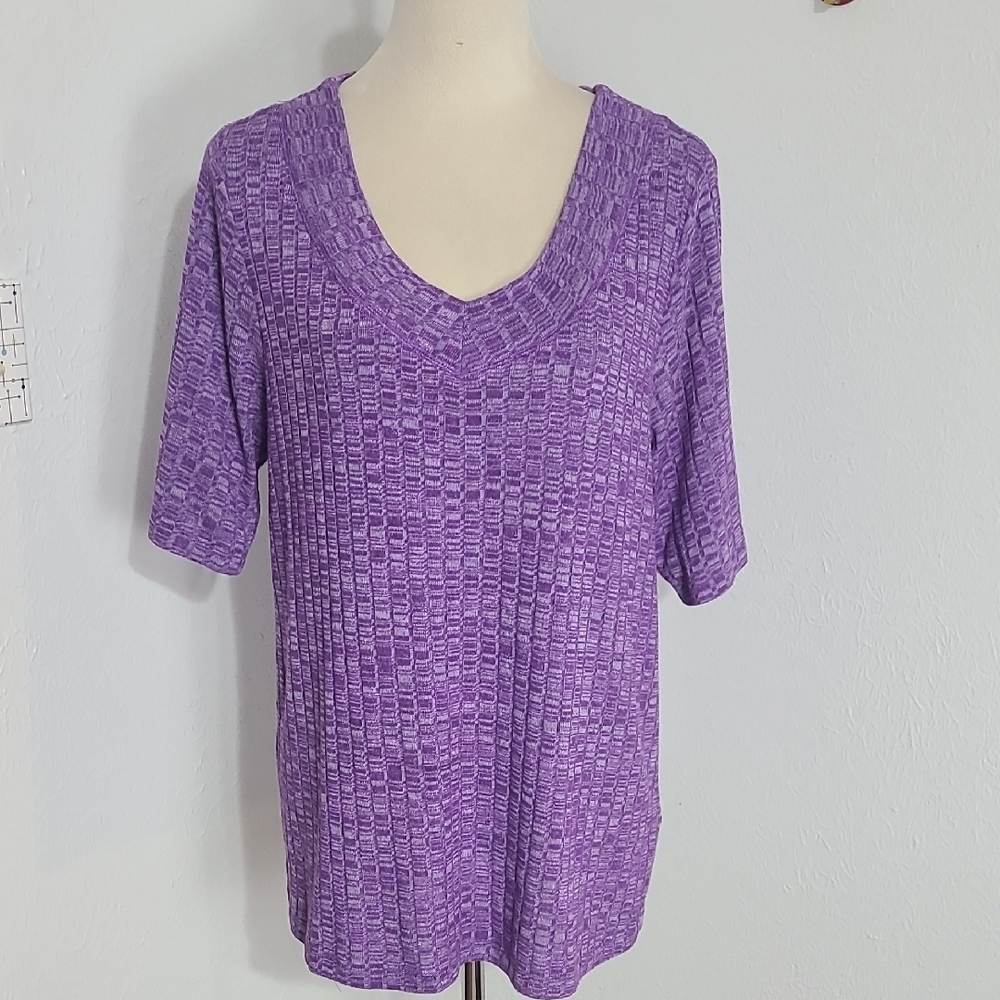 CJ Banks Textured Purple Short Sleeve Sweater with V-Neck, Size X = 14W